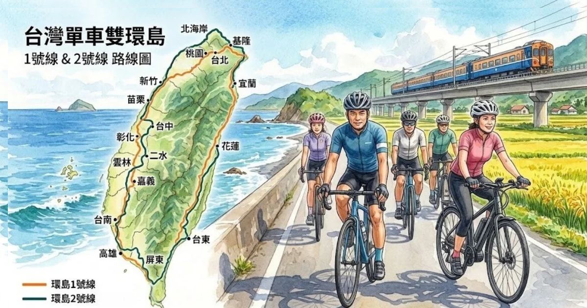 環島1號線與環島2號線里程及道路型態比較示意圖