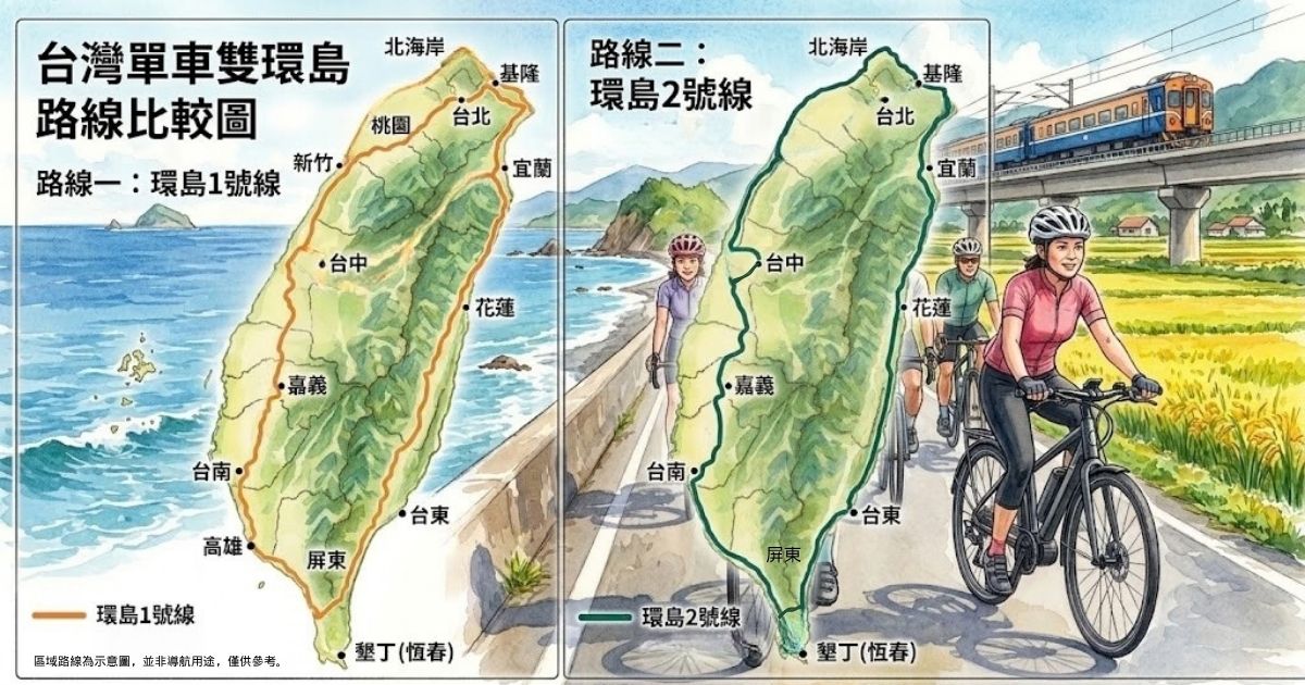 台灣自行車環島1號線與環島2號線比較
